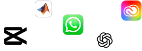 Various app icons in a scattered array, including Zoom, MATLAB, WhatsApp, Microsoft Word, and Adobe Creative Cloud