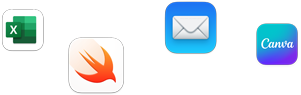 Various app icons in a scattered array, including Microsoft Excel, Swift Playgrounds, Mail, and Canvas Student