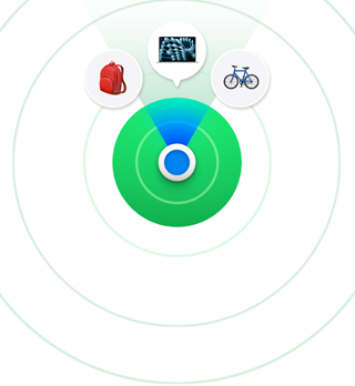 The Find My app icon and some items it can locate, including a Mac laptop, a backpack, and a bicycle