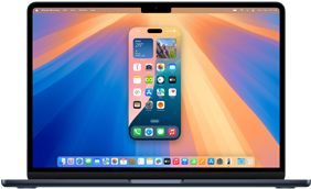 The iPhone Mirroring feature shown on a MacBook Air screen, where an iPhone screen with various apps is shown against the desktop background