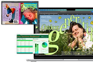A variety of screens showing the InDesign and Numbers apps, demonstrating the performance of the 13-inch MacBook Air with the M4 chip
